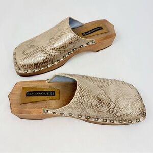 Claudia Ciuti Metallic Gold Shimmer Snakeskin Studded Wood Slide Mule Clogs